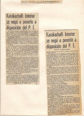 "Karakachoff: Interior se negó a ponerlo a disposición del P.E", Gaceta, La Plata, 1971